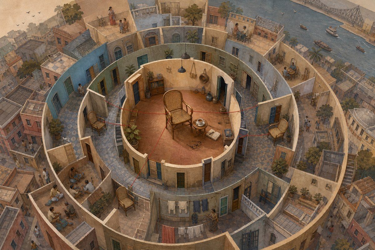Calcutta rooms form concentric social rings around one quiet cane chair