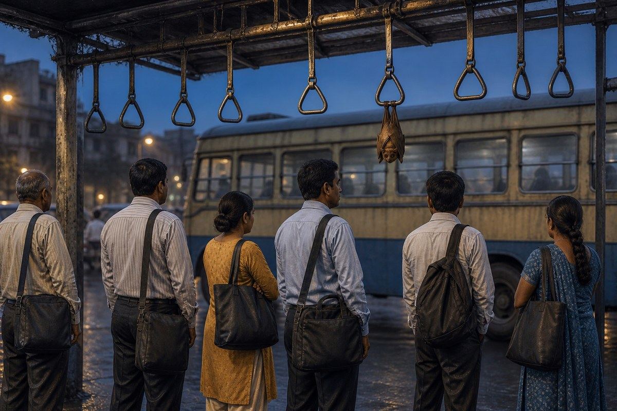 Commuters wait beneath bus handles while a harmless fruit bat joins the Kolkata queue