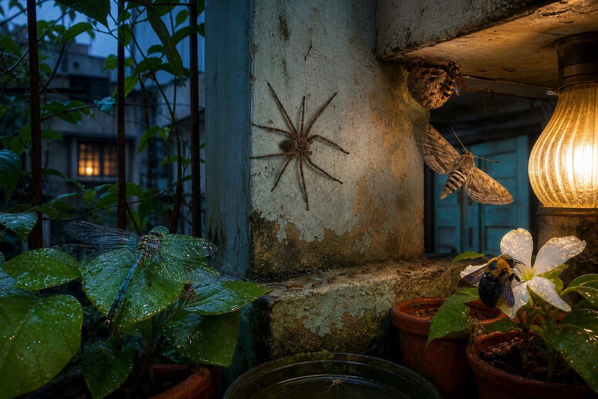 A dragonfly, spider, moth, nesting wasp, and bee gather around a damp balcony and glowing light.