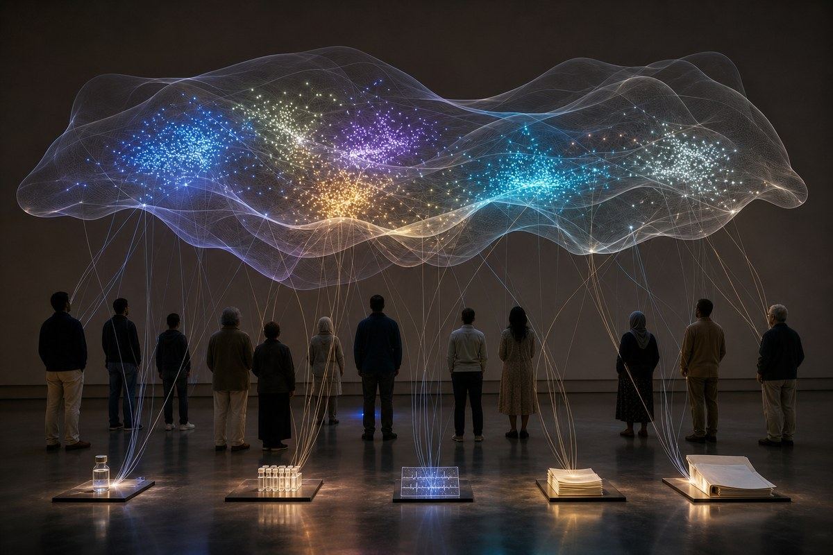 Patient silhouettes linked by provenance threads to a luminous folded data manifold