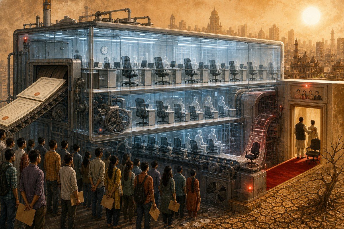 Young applicants queue before a transparent machine filled with blank certificates and empty chairs