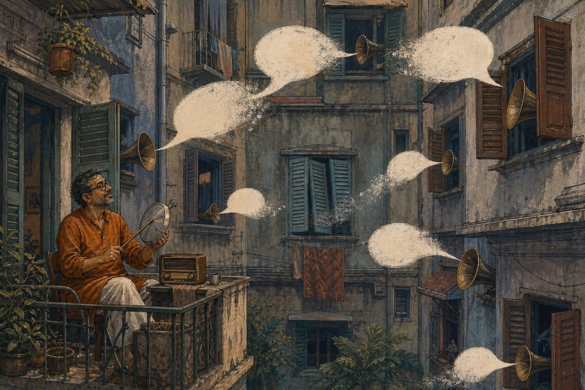 Calcutta outsider taps a rice-cooker lid as blank gossip bubbles drift from nearby windows