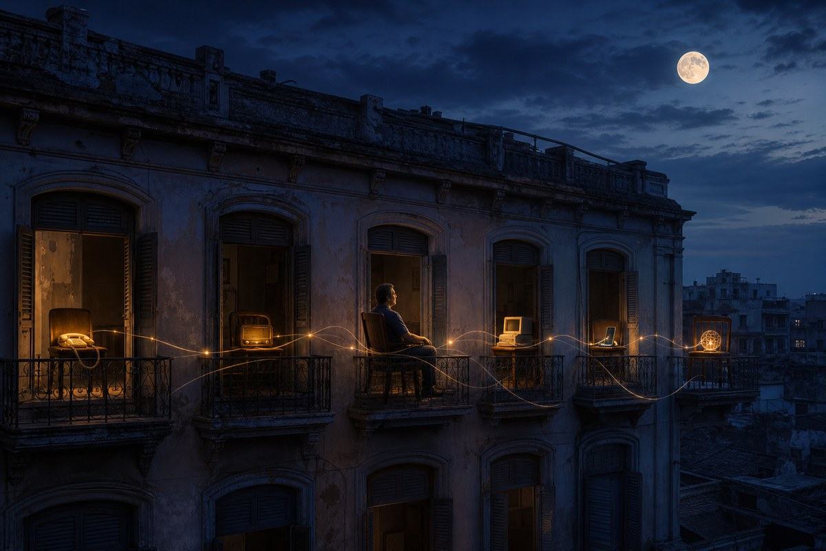 Connected apartment balconies glow around one solitary figure looking at the moon