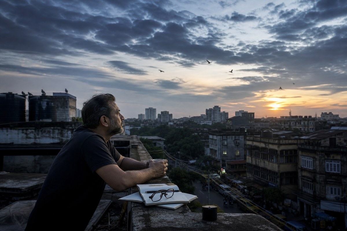 Sleepless Calcutta man watches dawn open above a waking rooftop city