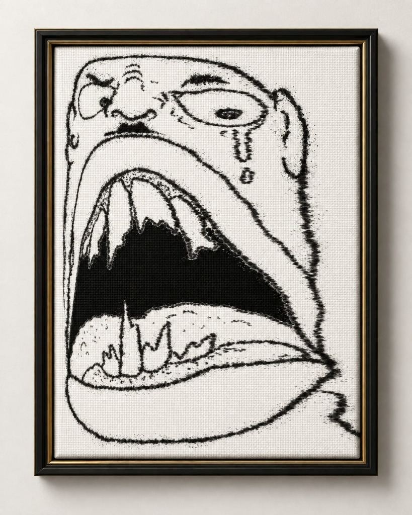 Framed monochrome charcoal drawing on textured canvas of an agonized face screaming with an enormous gaping mouth, sharp jagged teeth, and tears streaming down.