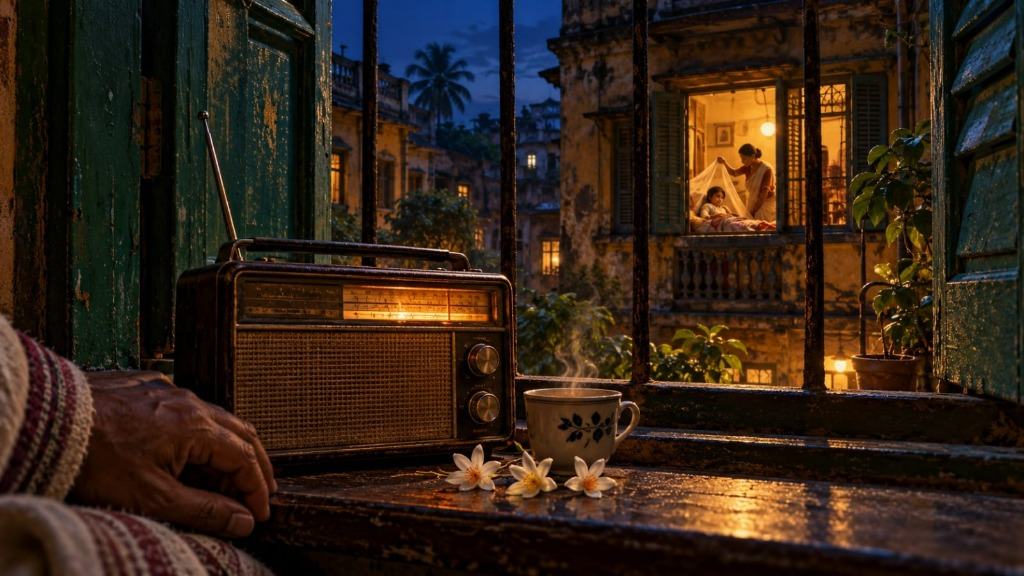 An old radio, a steaming cup of tea, and shiuli flowers rest on a Calcutta windowsill before dawn, looking across at an illuminated room where a mother tucks a child under a mosquito net.