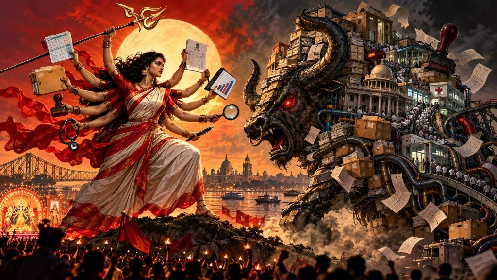Goddess Durga armed with spreadsheets and audit tools confronts a monstrous buffalo demon built of bureaucratic files and government buildings.