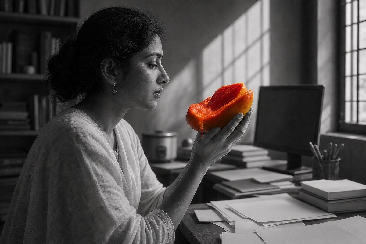 Woman sees a vivid red-orange mango in an otherwise monochrome room
