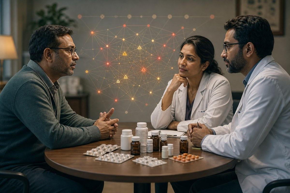 Patient, psychiatrist, and pharmacist reviewing medicines around a clinic table