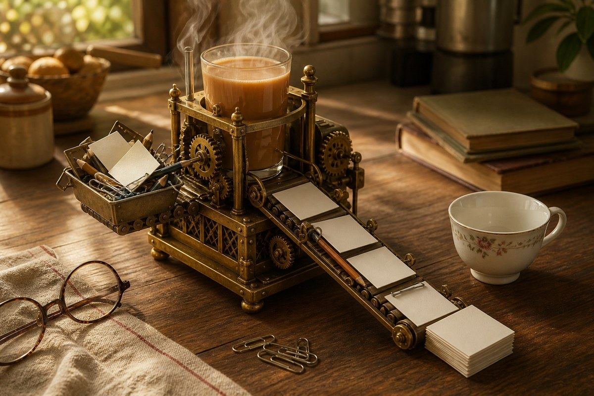 Glass of milk cha powers a tiny brass machine that sorts scattered blank notes