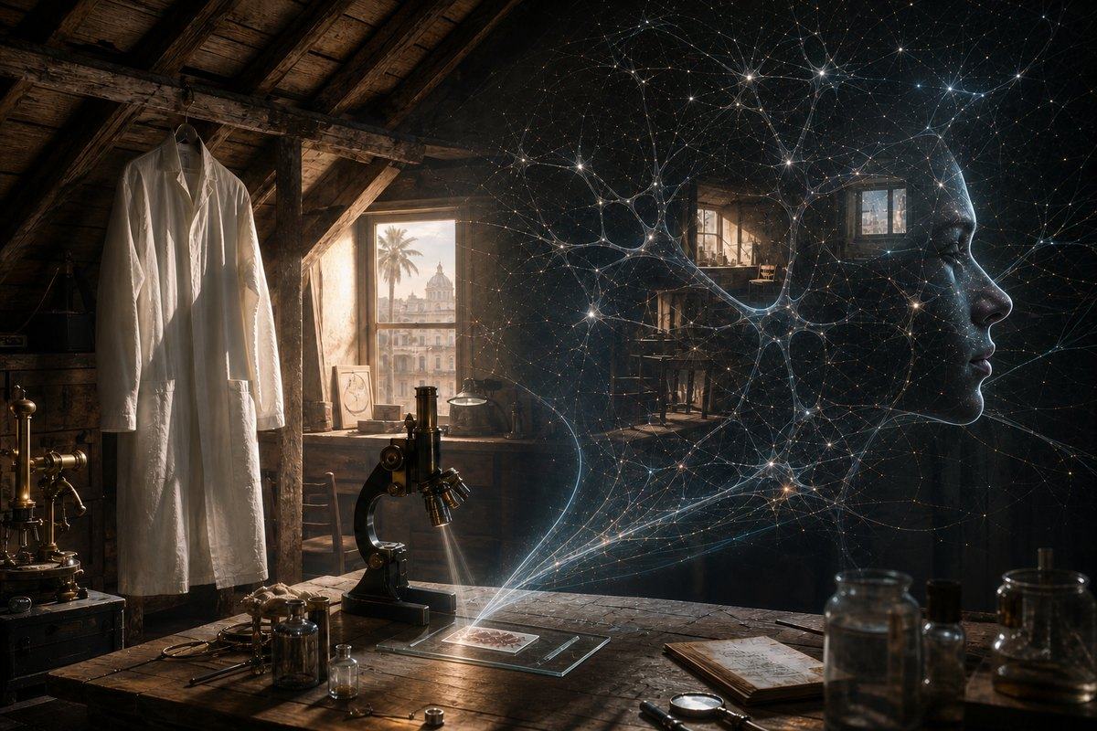 Two luminous human profiles formed from neural networks rise from a microscope slide in an old laboratory.