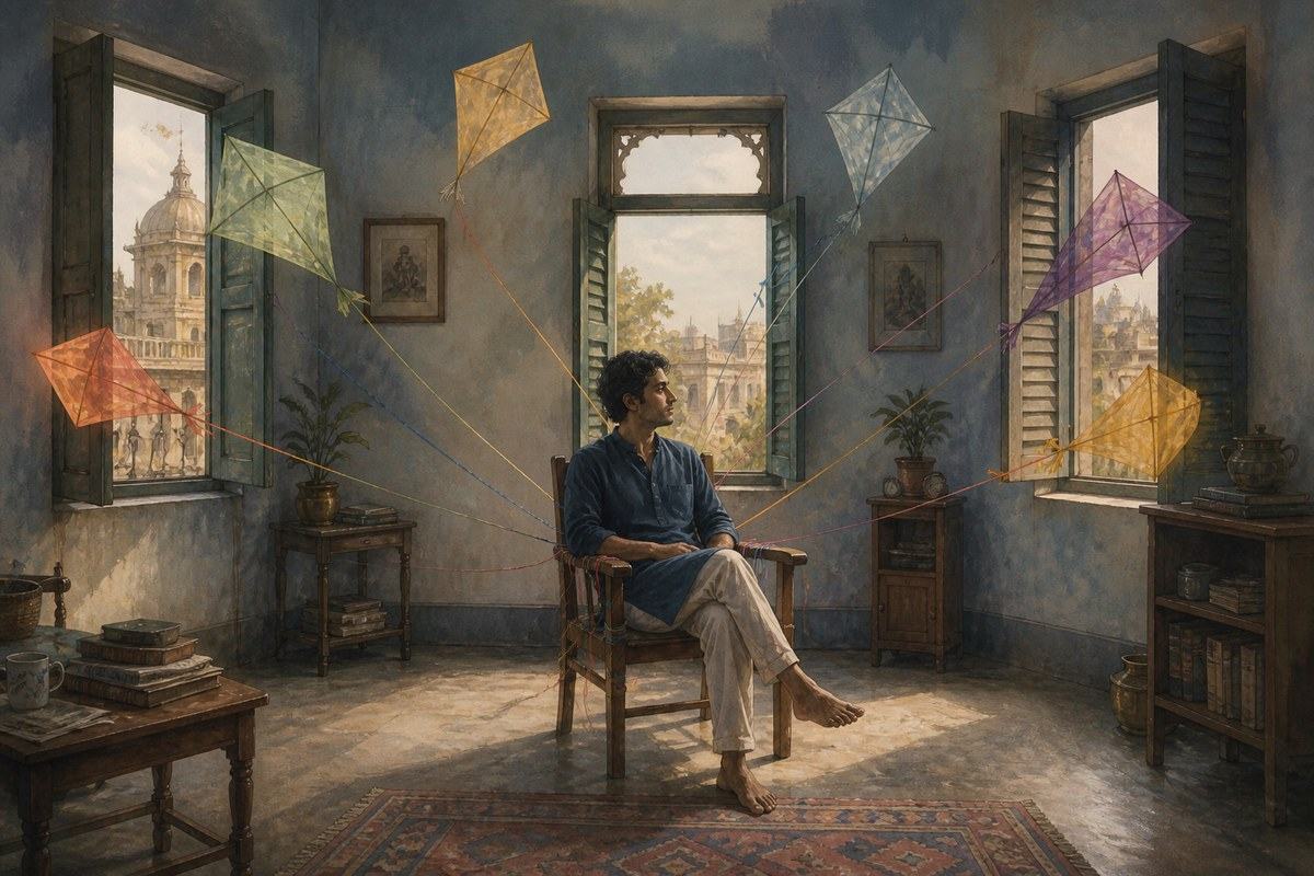 Seated Bengali adult surrounded by paper kites drifting toward different windows