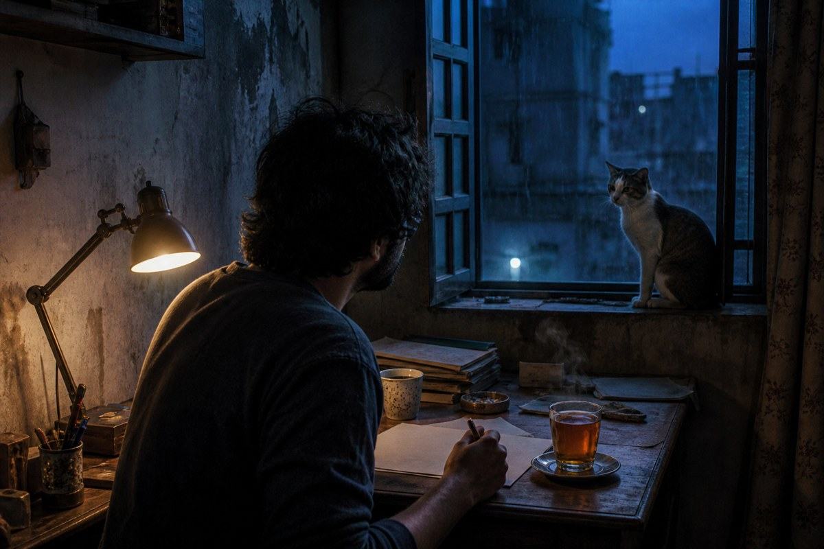 Sleepless writer, tea and stray cat in a blue predawn Calcutta room