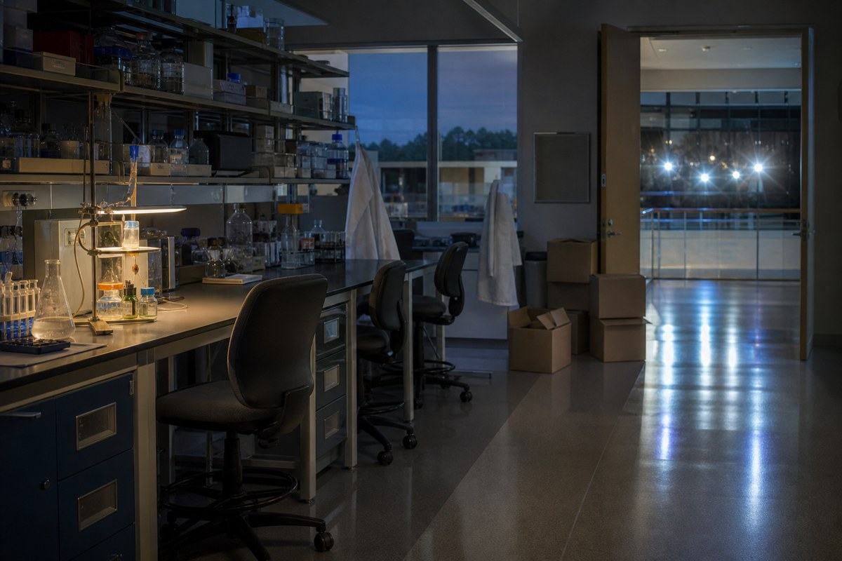 Empty laboratory chairs and packed boxes surround one illuminated experiment