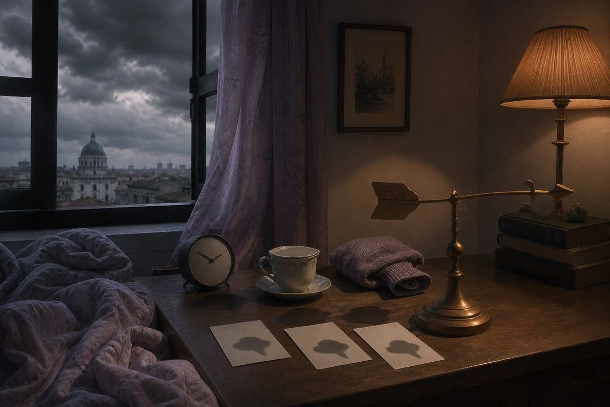 Bedside objects cast matching cloud-shaped shadows before a Calcutta storm