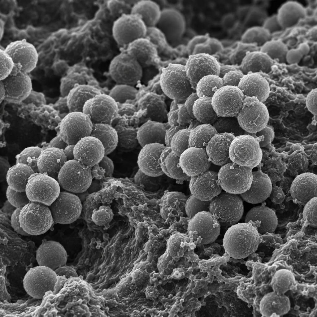 Electron micrograph of clustered Staphylococcus aureus bacteria