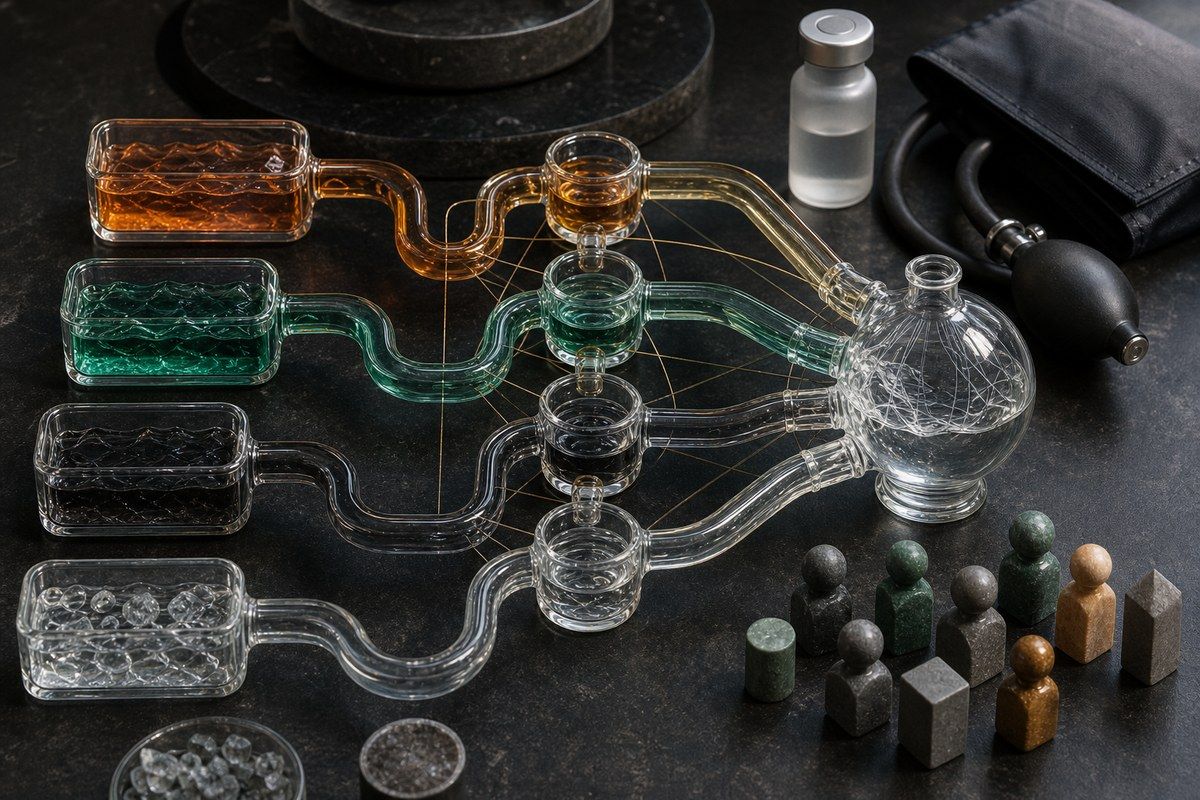 Colored clinical variables flowing through connected glass channels on a laboratory table