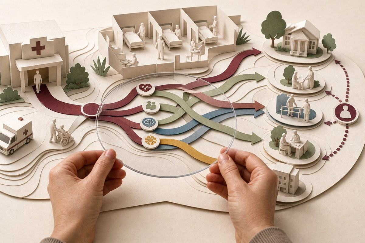 Hands tracing colored patient pathways through a layered paper hospital model
