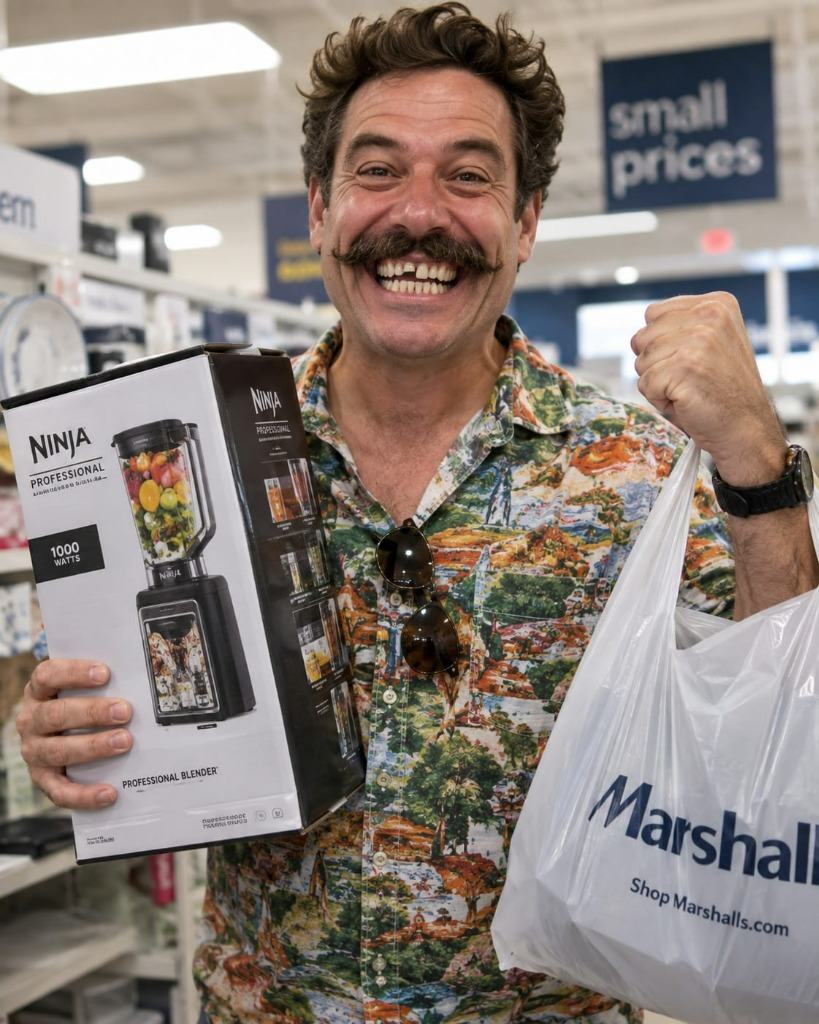 A grinning man with a mustache in a floral shirt celebrating with a clenched fist while holding a Ninja blender box and a Marshalls shopping bag under a 'small prices' store sign