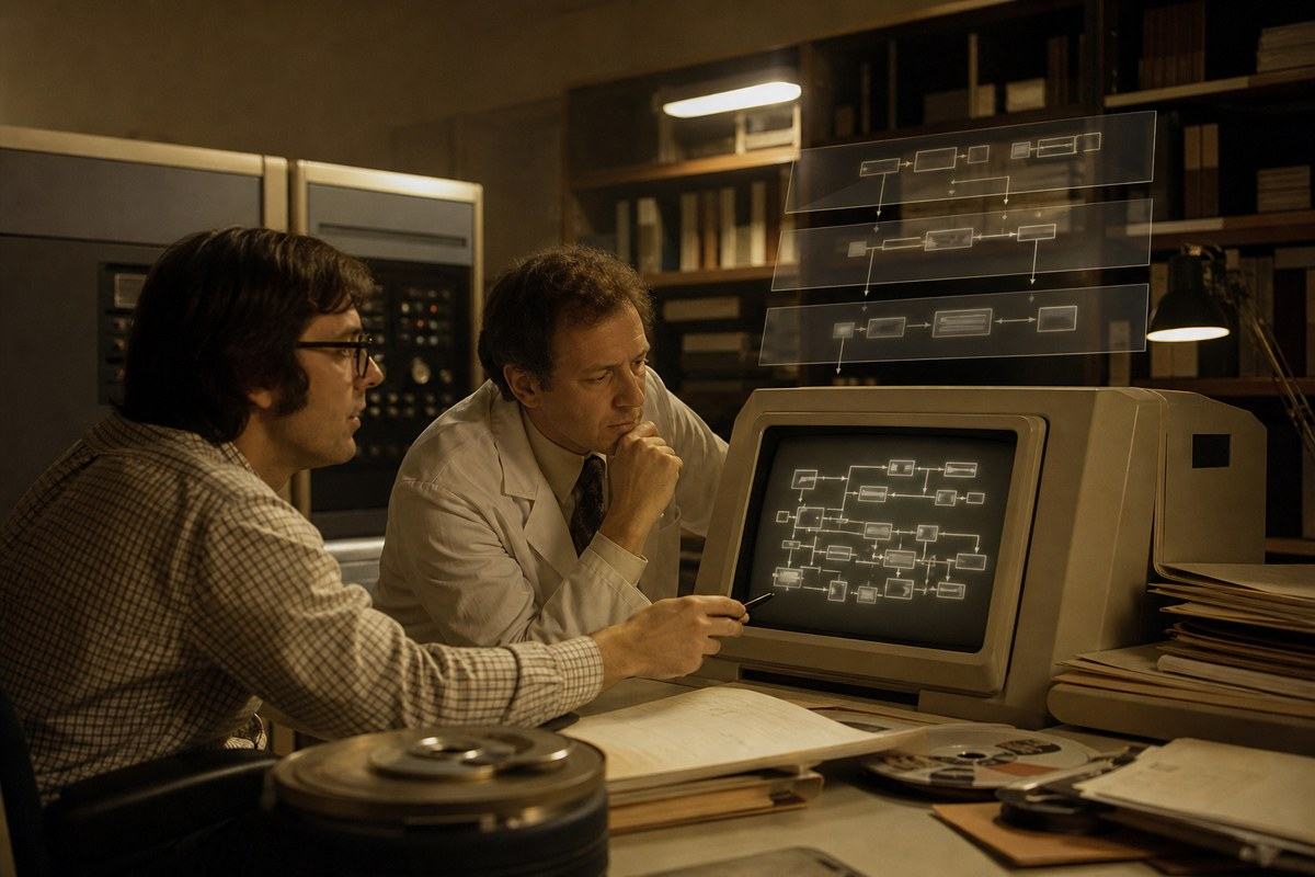Clinician and computer scientist studying a rule-based terminal in a 1970s laboratory