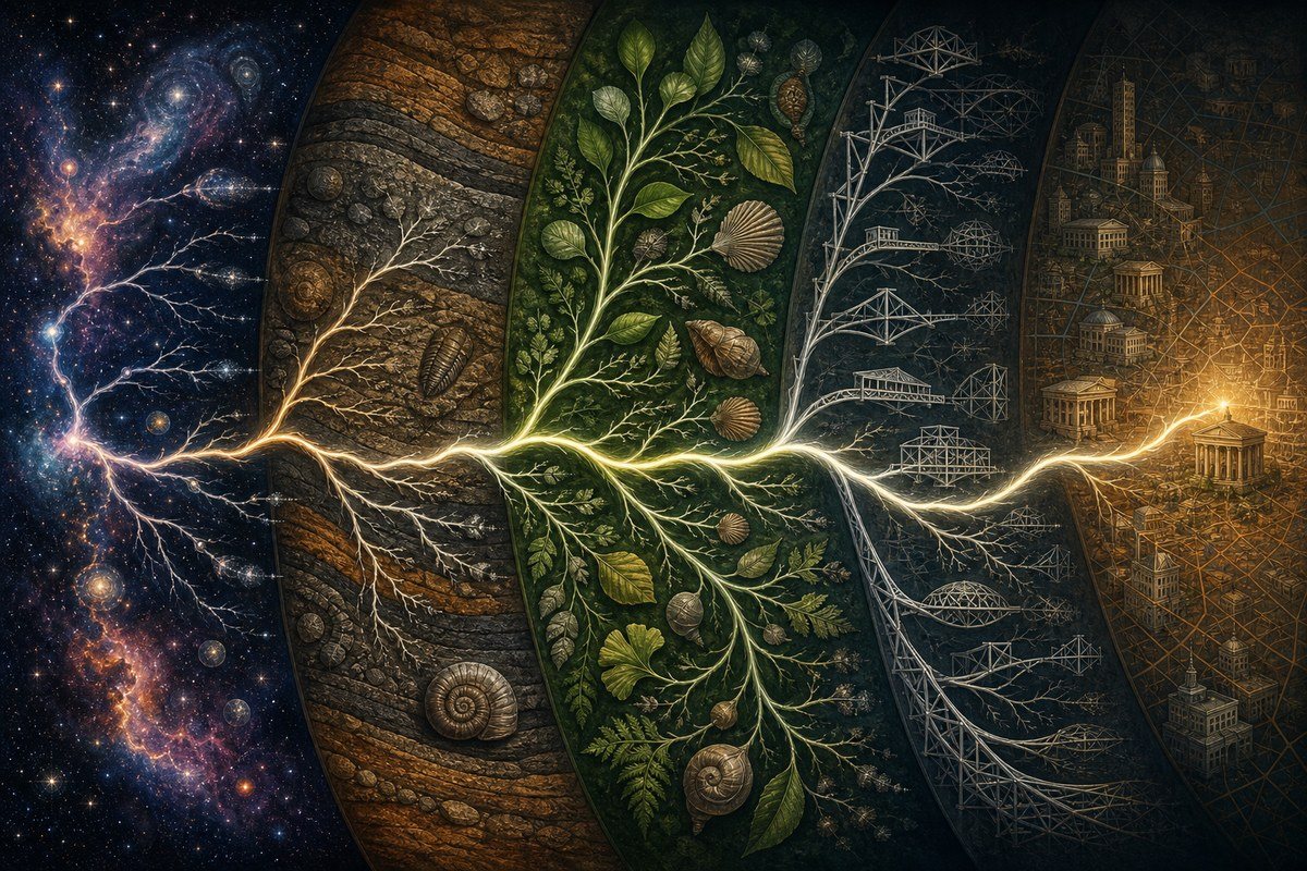 Branching selection pattern crosses cosmic, geological, biological and human systems