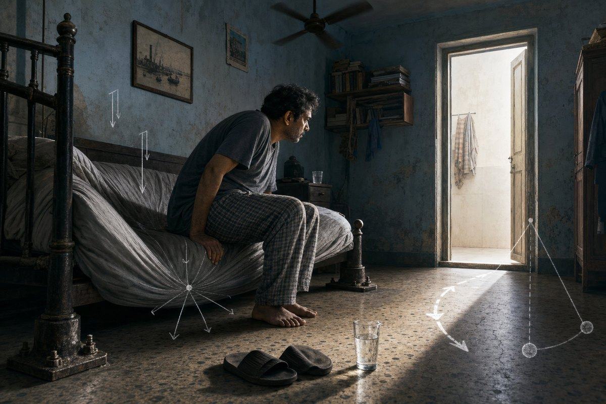 A man sits on the edge of a bed facing an open bathroom as sketched physics arrows trace forces and motion across the room.