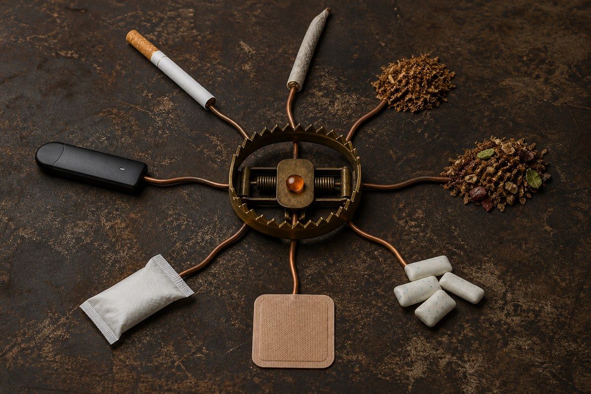 Nicotine products feeding a central brass dependence trap