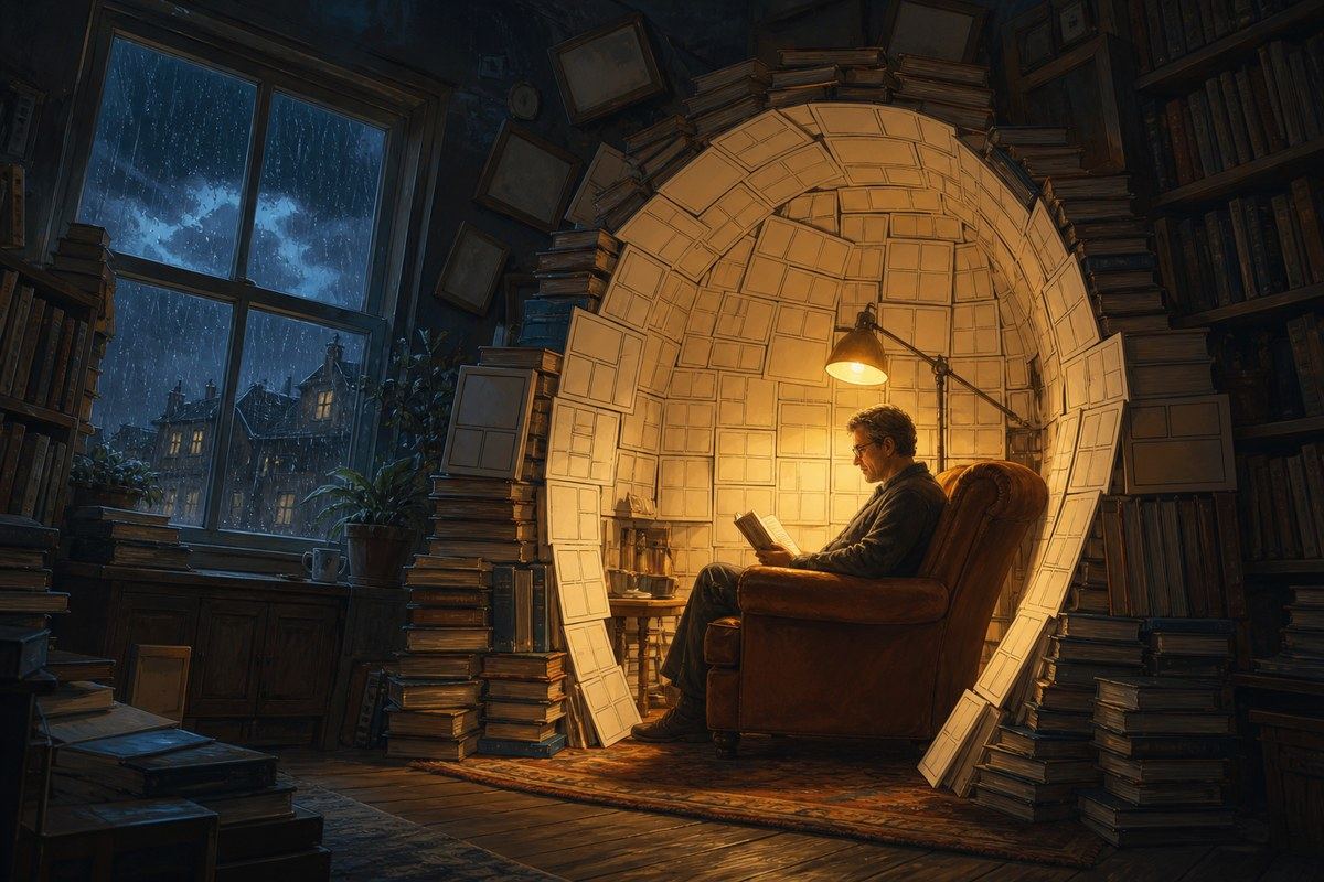 Reader sheltered beneath a glowing arch of books during a dark monsoon