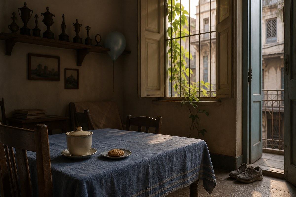 Cold tea and biscuit wait in a quiet room while a green vine climbs toward sunlight