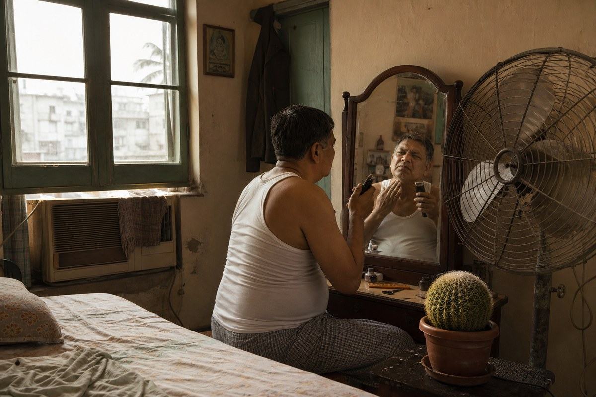 Middle-aged Bengali man grooms before a mirror in a sweltering Calcutta bedroom