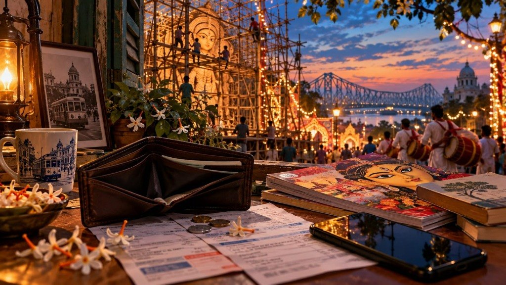 An open empty leather wallet, unpaid utility bills, and Puja Barshiki magazines on a table overlooking a Calcutta Durga Puja pandal under construction, with dhakis and Howrah Bridge in the background.