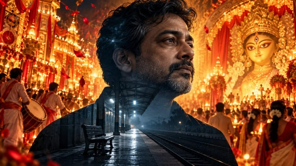 A contemplative man flanked by glowing Durga Puja festivities and drummers, with an empty, dark railway platform silhouetted within his chest.