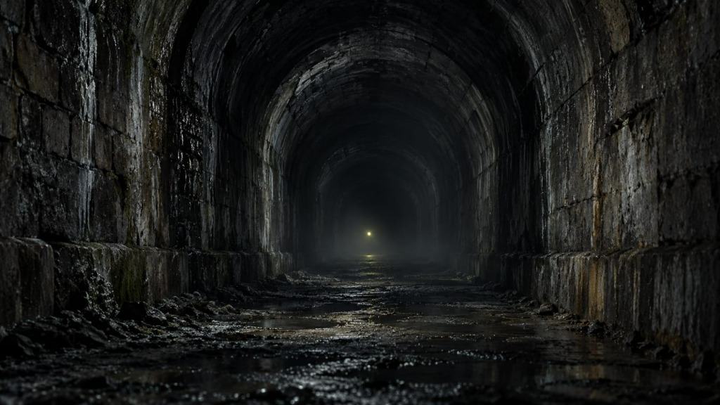 A long, dark, arched brick-and-stone tunnel with damp walls and a puddle-strewn floor, where one faint, warm firefly-like point of light glows in the misty distance and reflects on the wet ground.