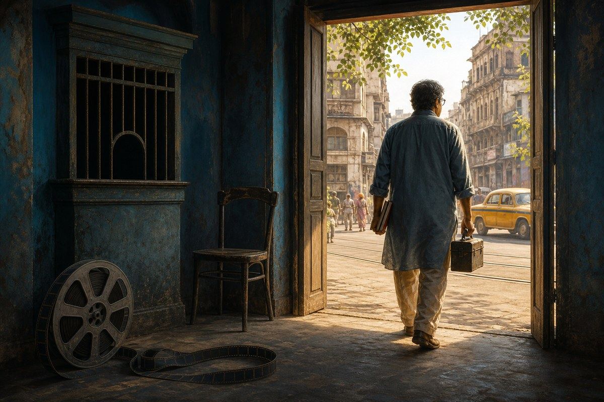Man leaves a shuttered cinema foyer carrying a notebook into a sunlit Calcutta street