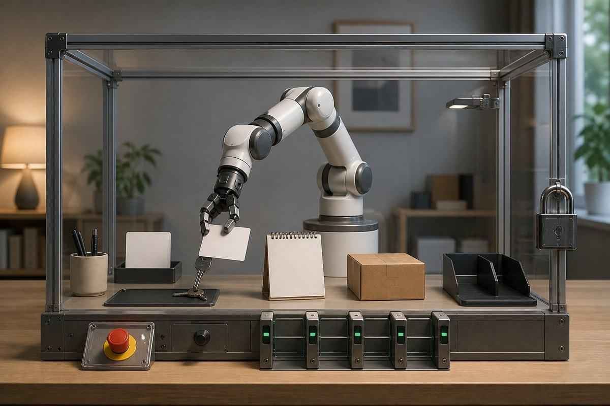 Robotic arm handles everyday tasks inside a locked transparent governance frame