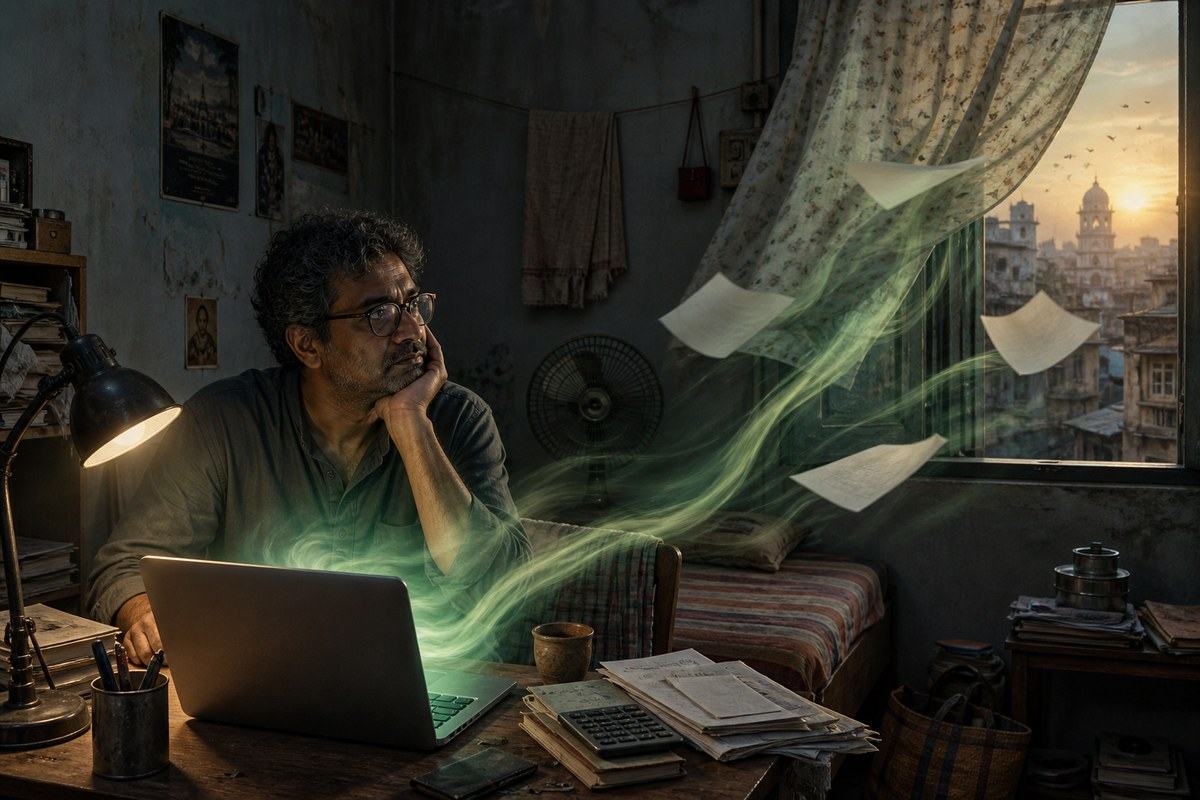 Laptop releases green ribbons of air around a writer in his rented Calcutta room