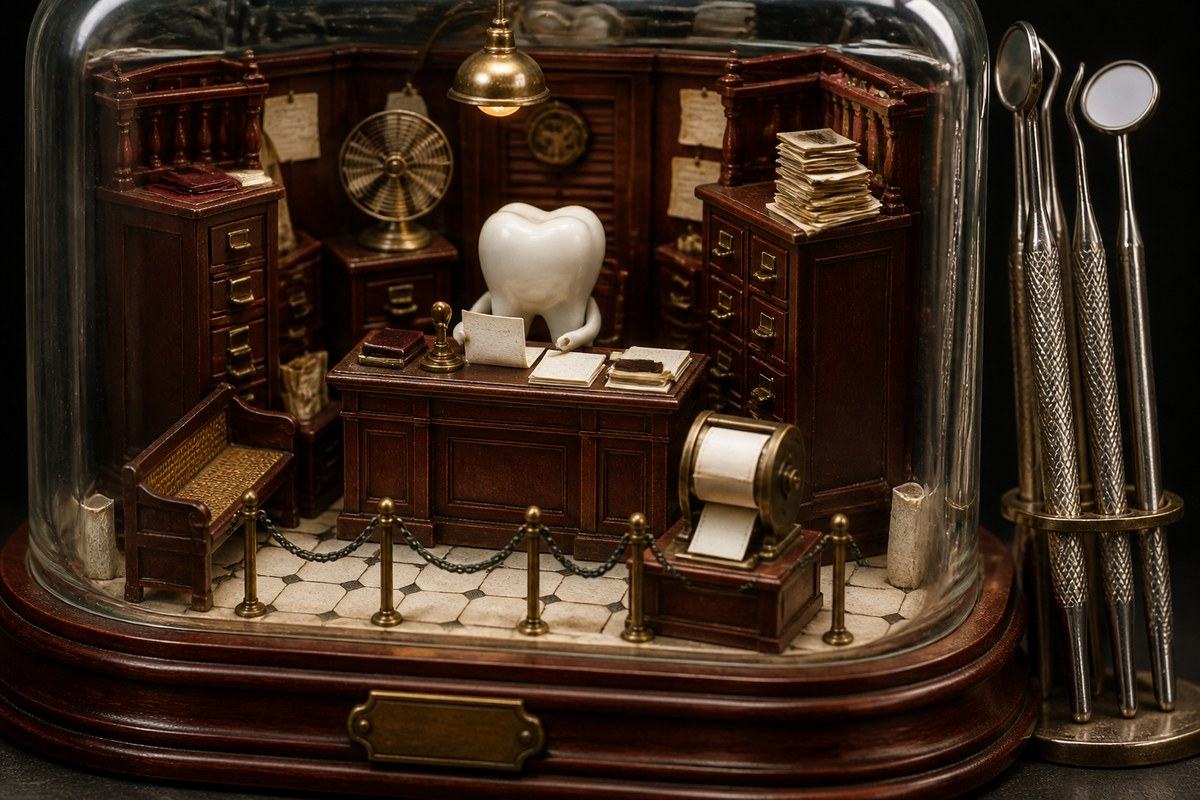 Porcelain tooth presides over a miniature bureaucratic office inside a display case