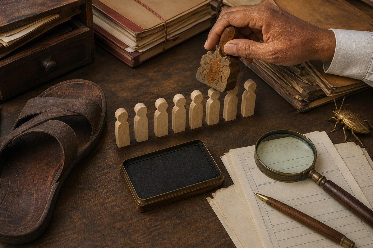 A hand pauses before stamping insect shapes onto a row of wooden human figures