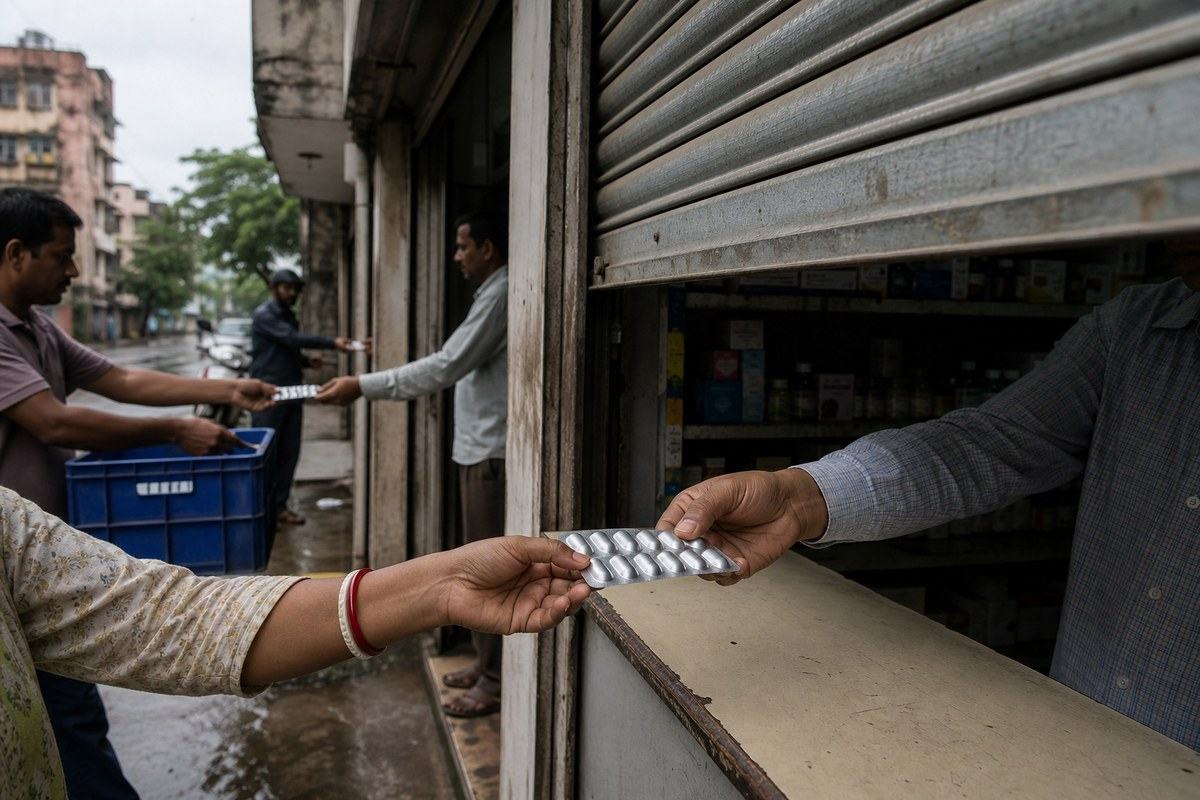 Hands passing an unlabelled blister strip through a partly shuttered Indian pharmacy
