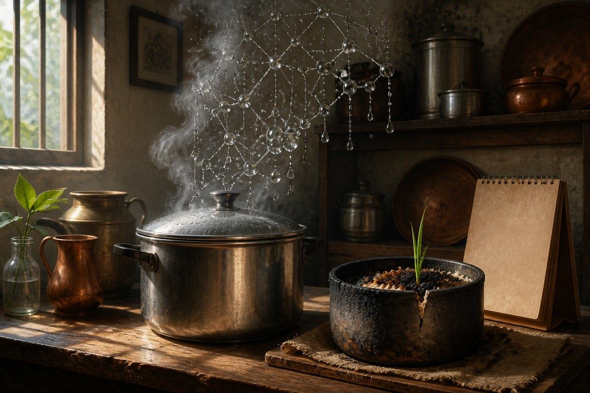 Steam forms a delicate lattice above a pot as a green shoot rises from scorched rice