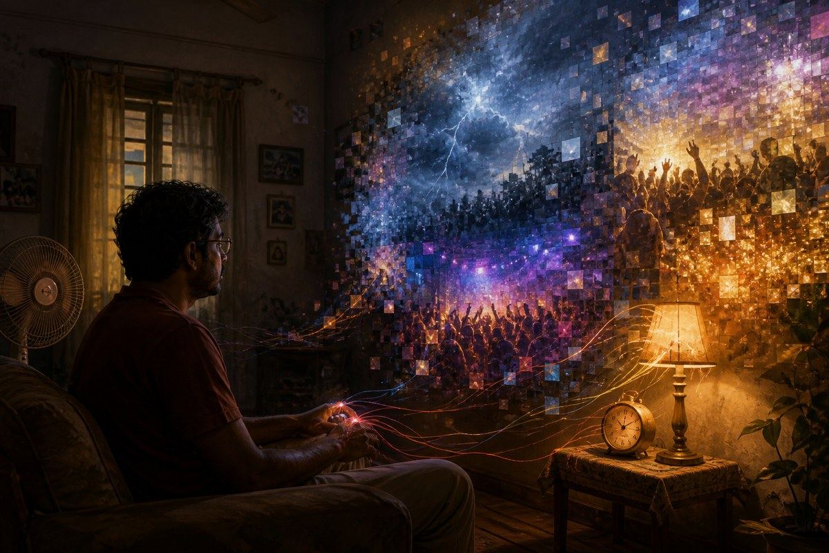 Glowing pixel mosaic reaches from distant events into a viewer’s Calcutta sitting room
