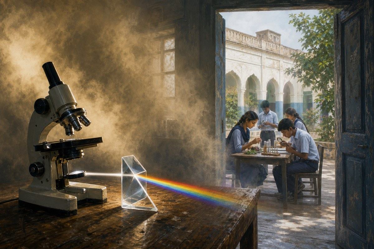 A microscope and prism cast a clear rainbow through amber fog toward Indian students conducting an experiment