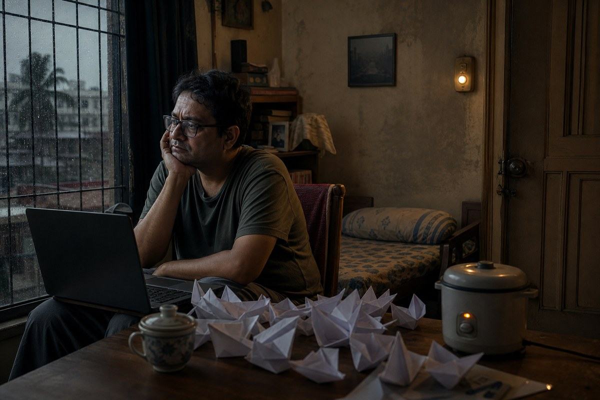 Man sits with laptop, rice cooker, tea, and bills folded into paper boats
