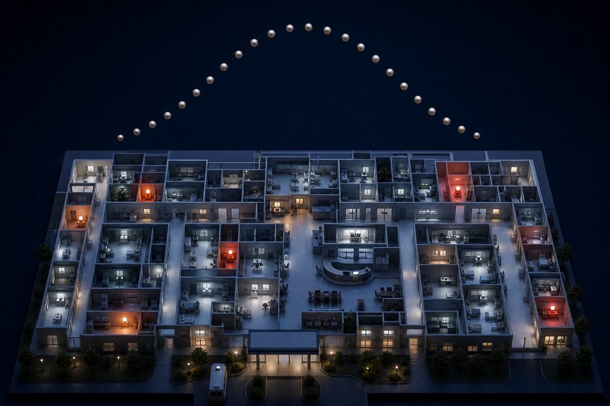 Rare amber warning lights scattered across a calm miniature hospital beneath an arc of beads