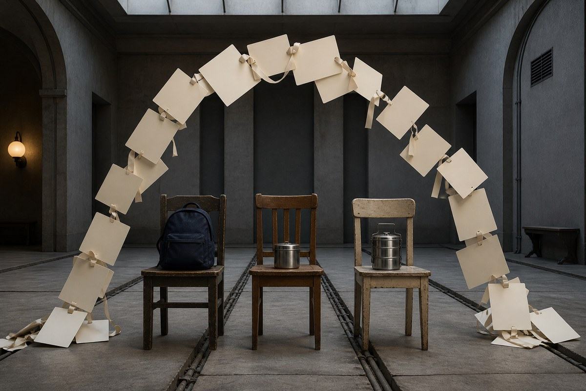 Three household chairs sit beneath a buckling arch of blank promise cards