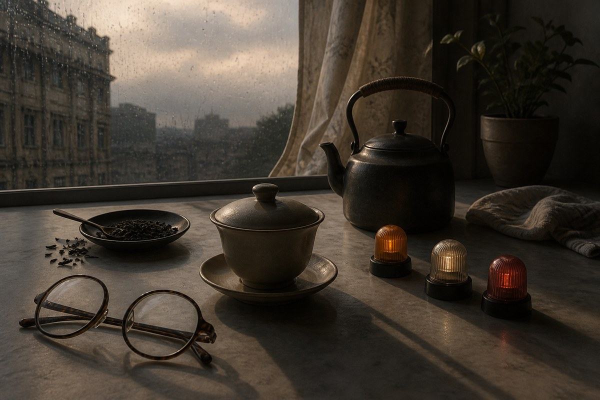 Tea cup and unmarked warning lights cast lengthening shadows before morning rain
