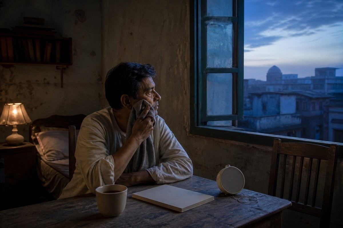 Middle-aged Bengali man presses a cloth to his cheek in a blue Calcutta dawn