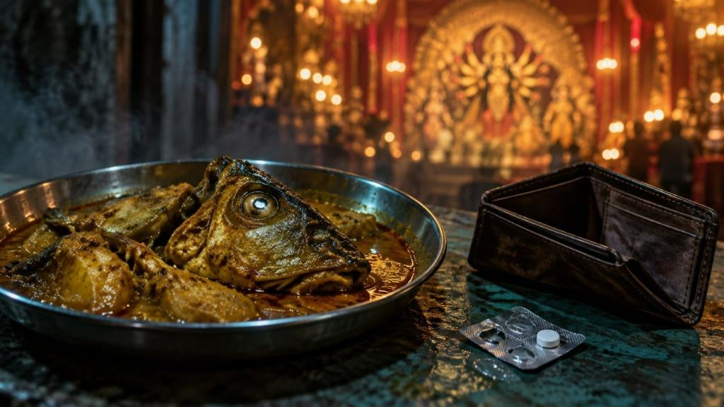 On a worn dark table surface, a stainless-steel plate of fish curry with a large fish head sits beside an open, empty brown leather wallet and a foil blister pack with a single white tablet remaining, while a warmly illuminated Durga Puja pandal and Goddess Durga idol glow in the background.