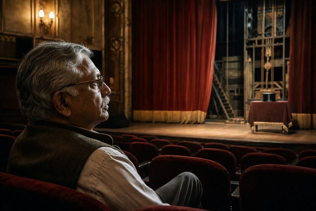 An older man sits alone in an empty theatre after a magic show, looking toward the exposed stage machinery