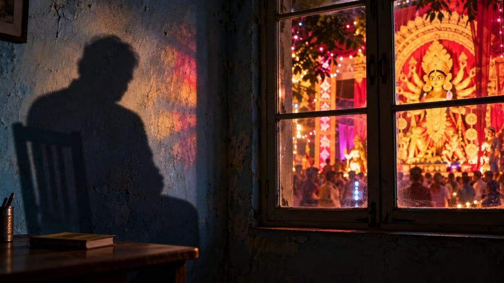 Inside a dark room with a peeling blue wall, a man's bowed shadow falls beside a chair and desk with a closed book while a glowing Durga Puja pandal and crowd shine through the shut wooden window.